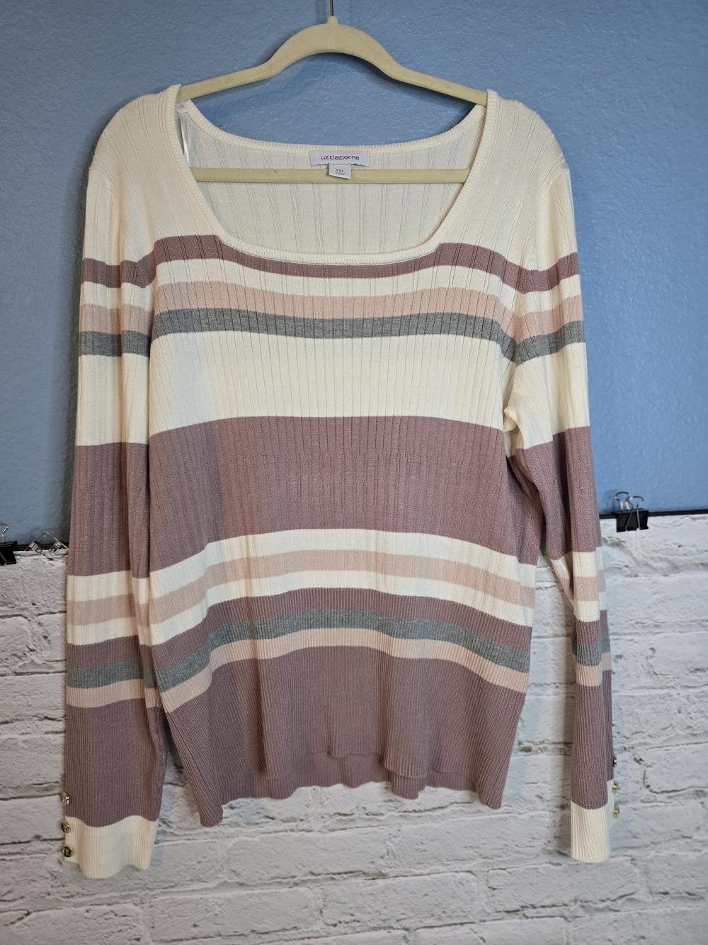 Liz Claiborne Cream, Mauve and Gray Striped Scoop Neck Sweater Sz XXL